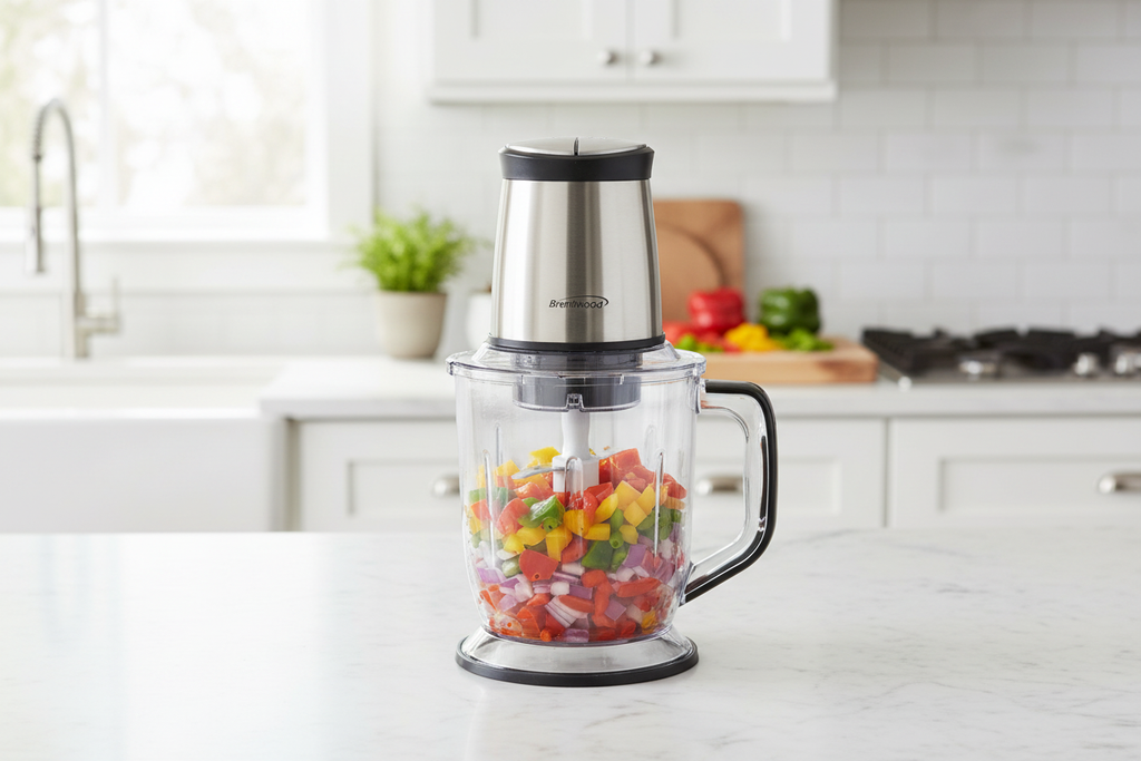 Food processor in action chopping vegetables
