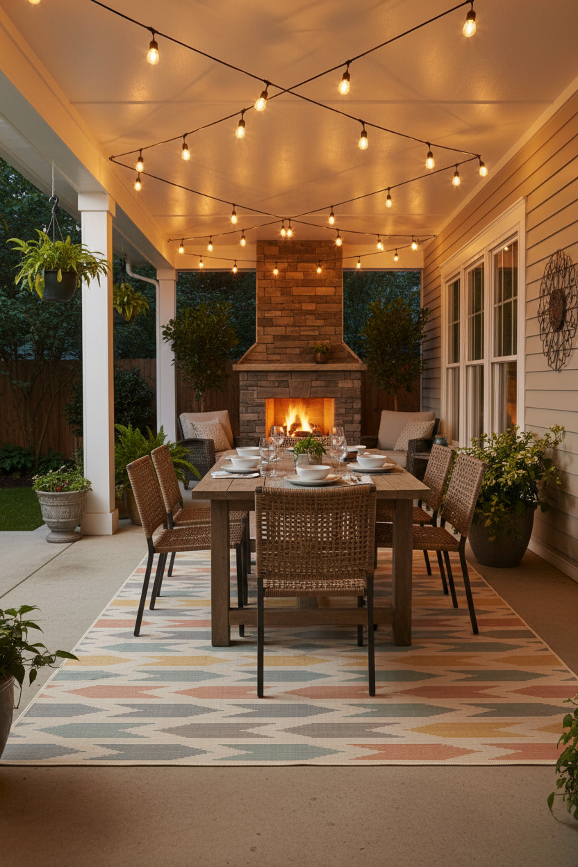 Geometric rug on covered porch dining