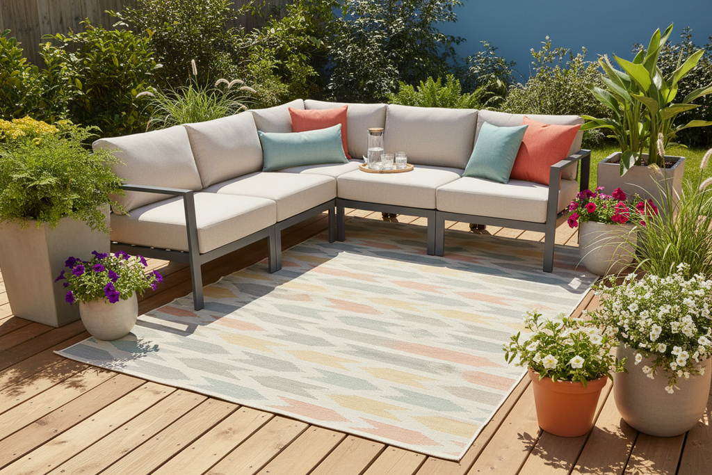 Geometric rug on wooden deck