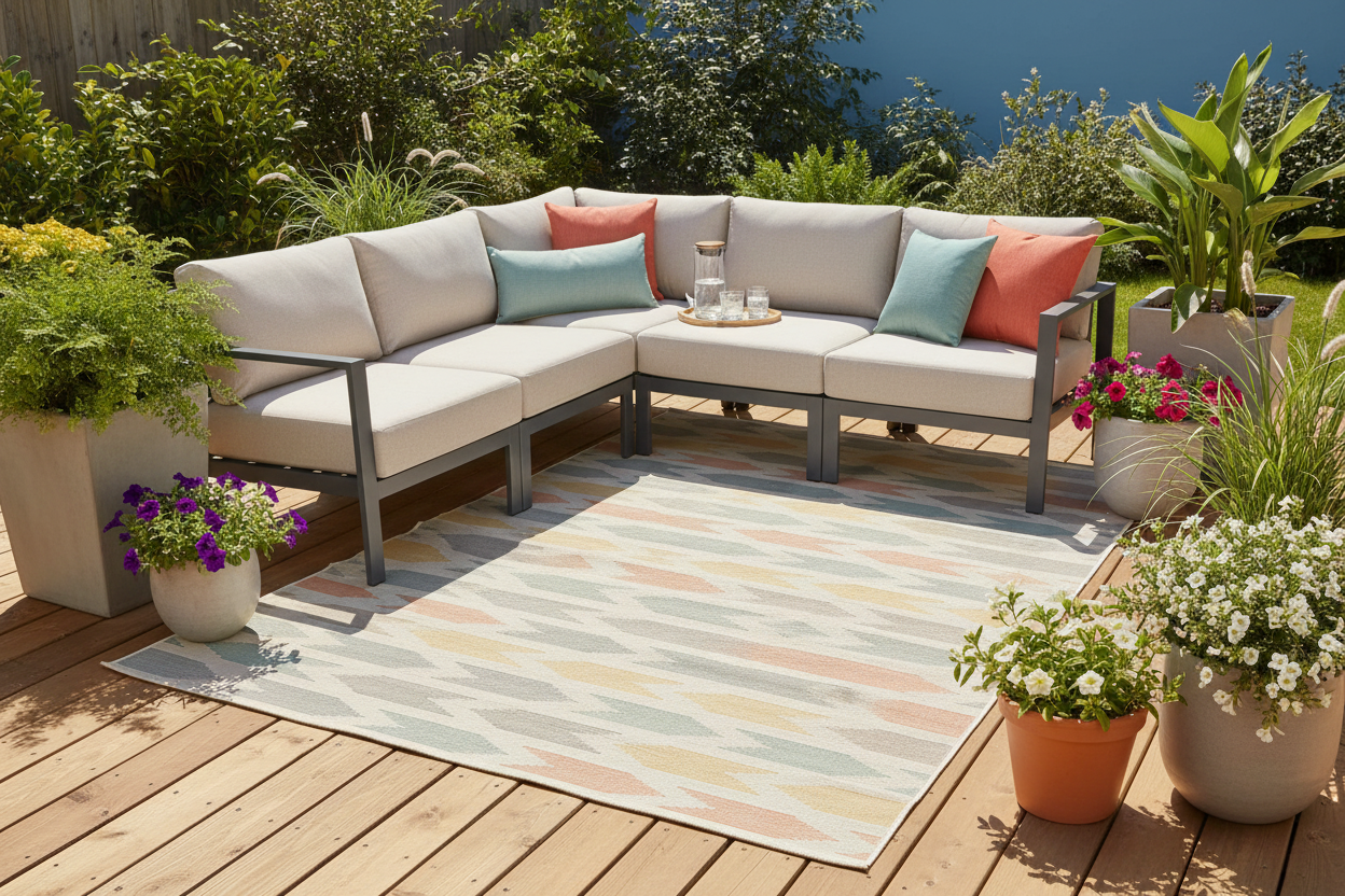 Geometric rug on wooden deck