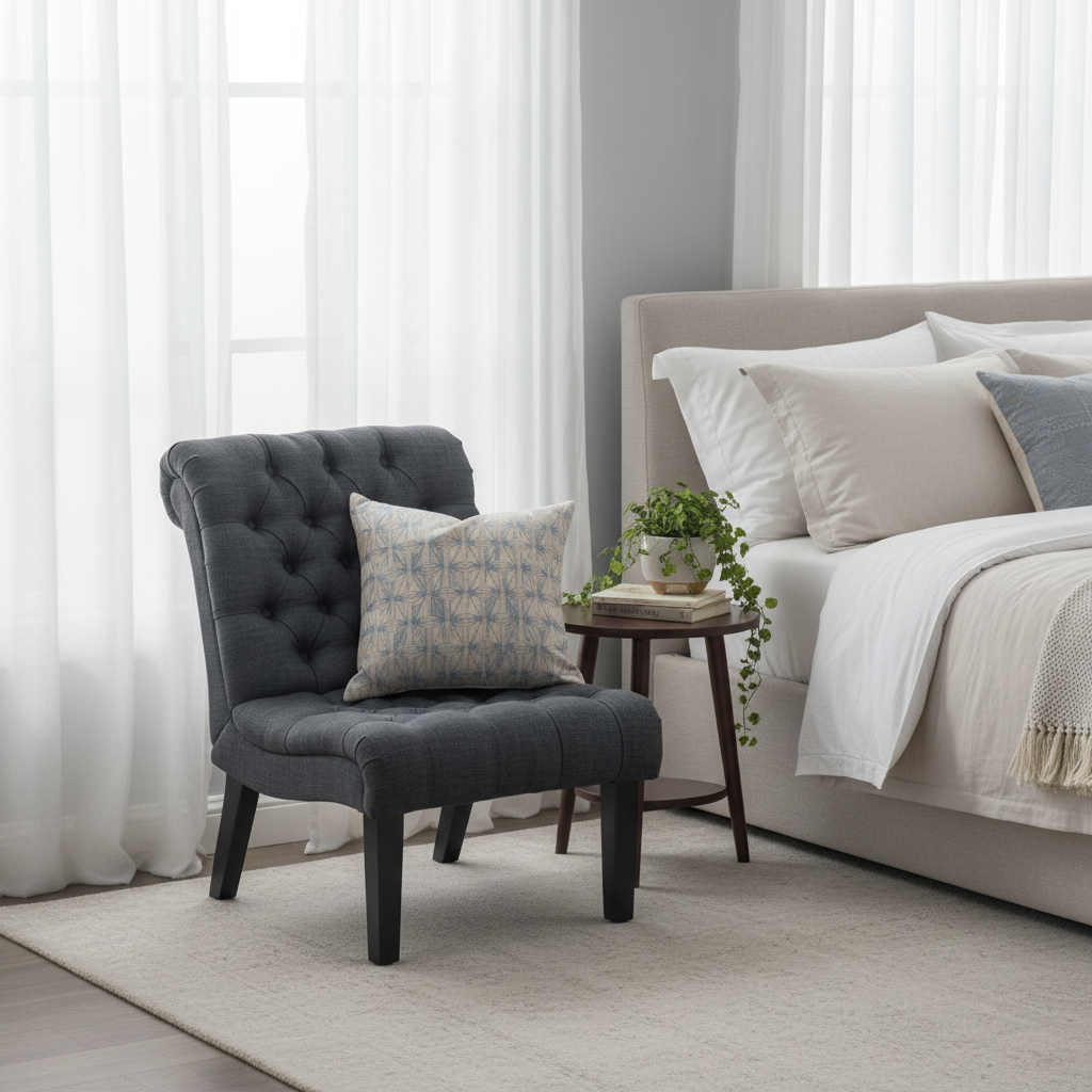 Gray accent chair in bedroom