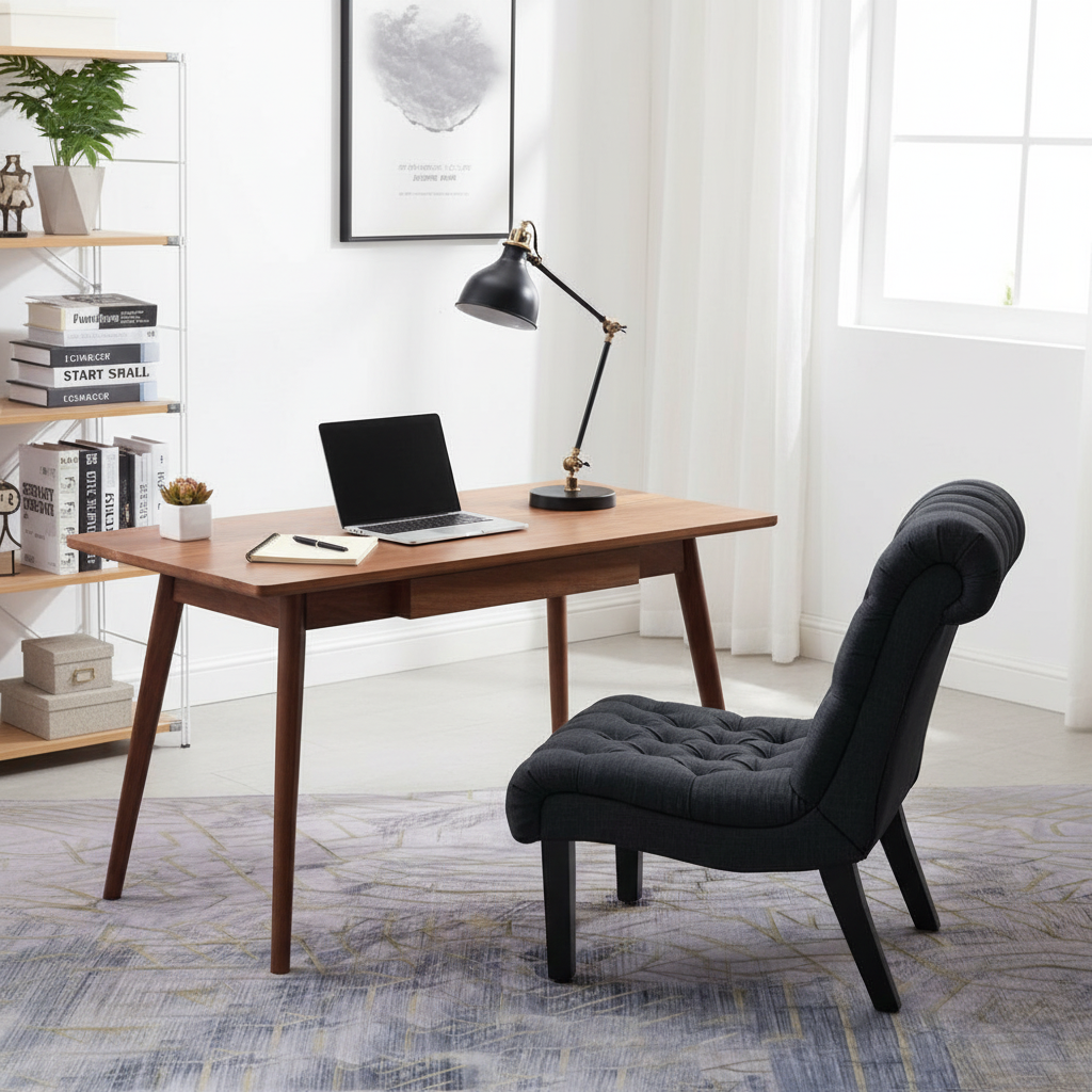 Gray accent chair in home office