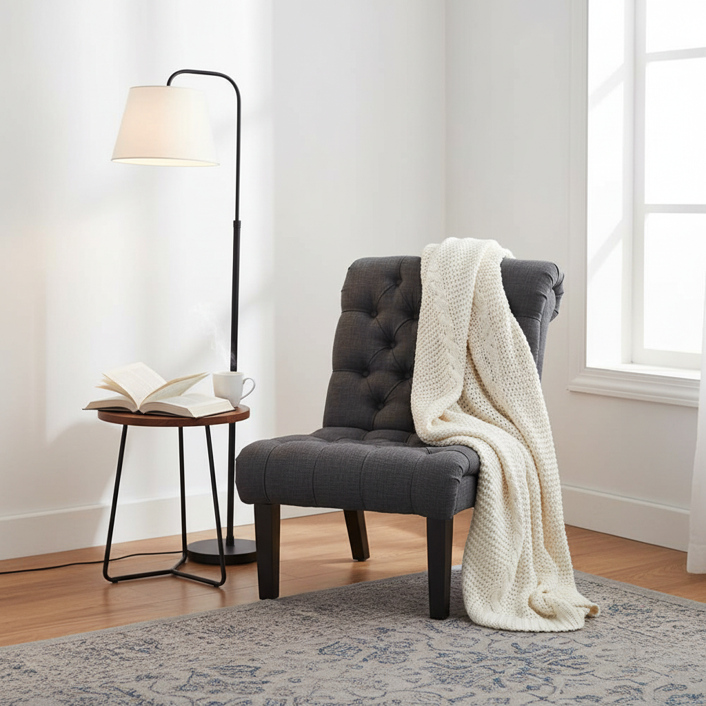 Gray accent chair in reading corner