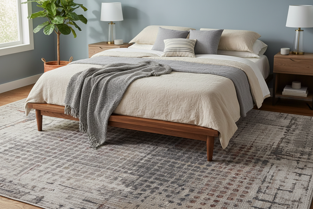 Grey brick rug in bedroom