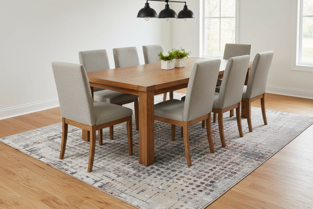 Grey brick rug in dining room
