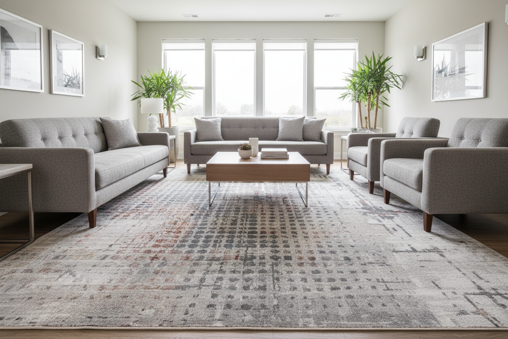 Grey brick rug in living room