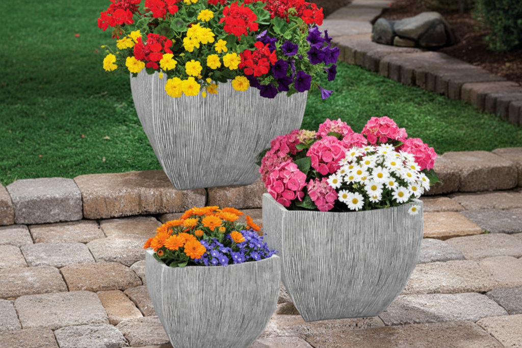 Grey planter in garden with flowers