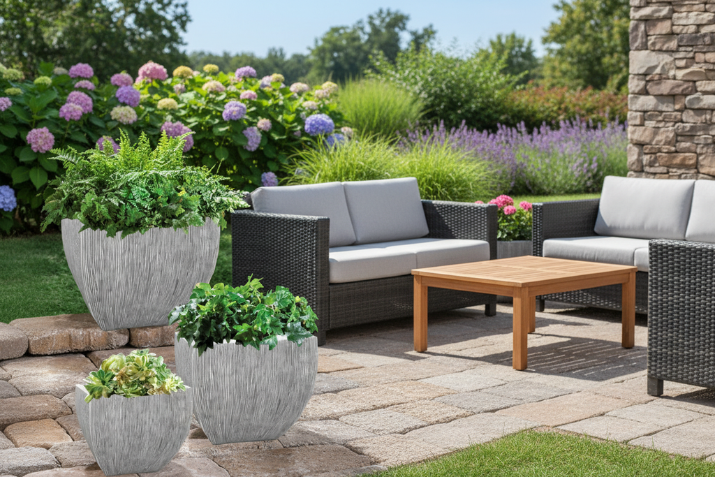 Grey planter on patio with ferns