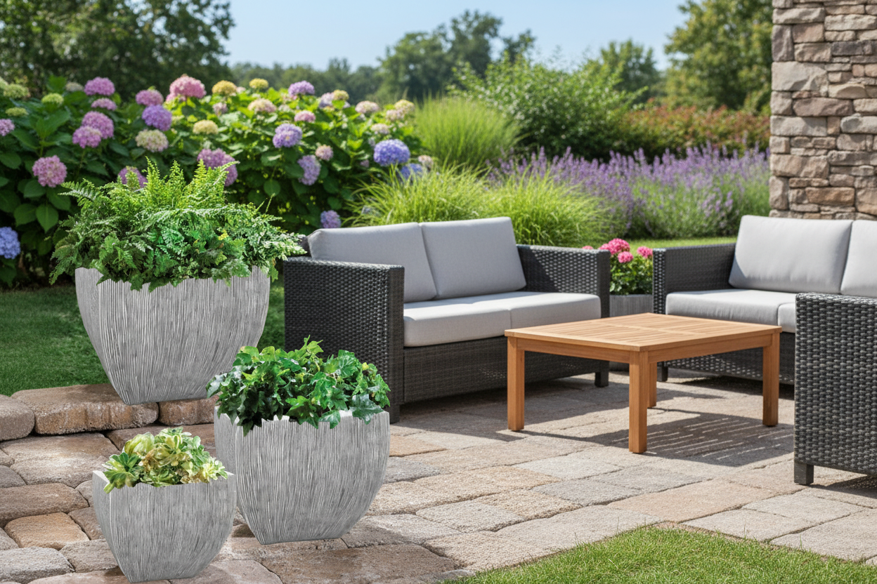 Grey planter on patio with ferns
