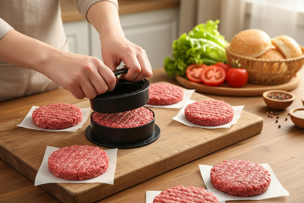 Hands using burger press in kitchen