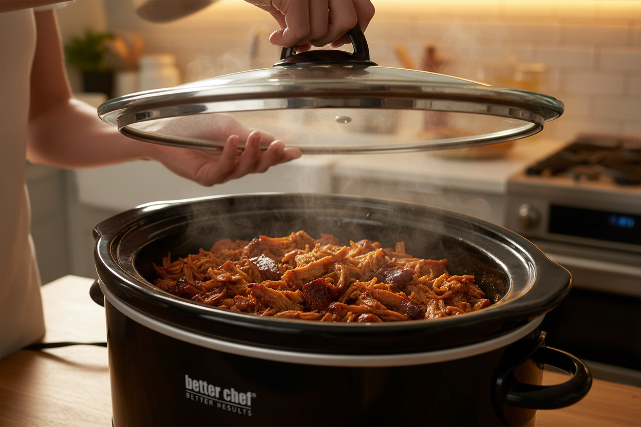 Lifting lid to reveal pulled pork
