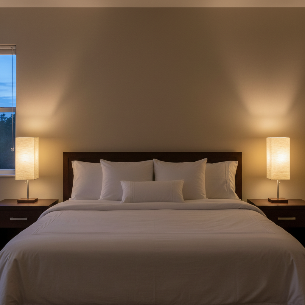 Matching lamps flanking bed