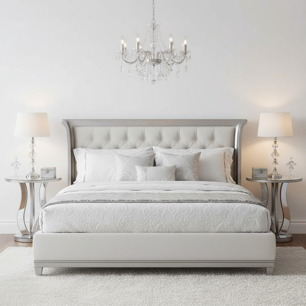 Matching silver mirrored tables flanking bed