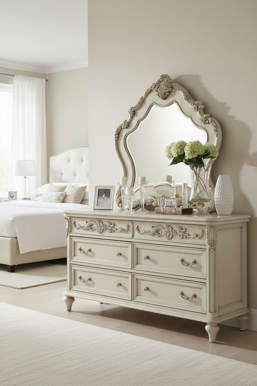 Mirror in transitional bedroom