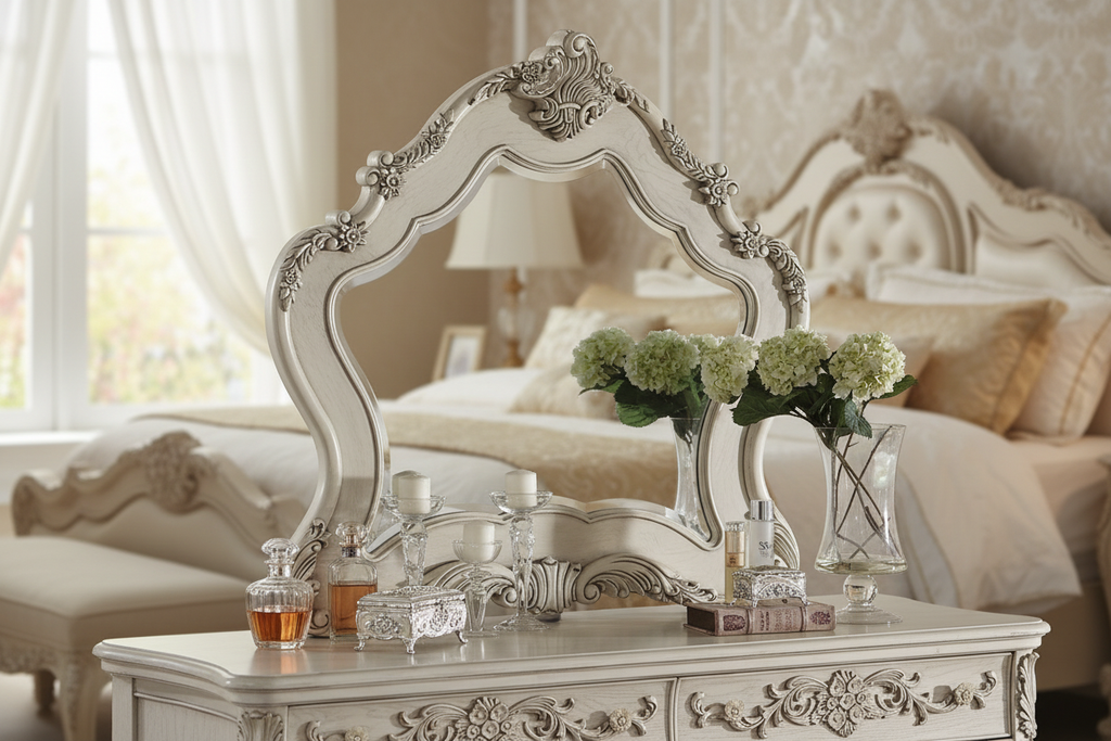 Mirror on dresser in elegant bedroom