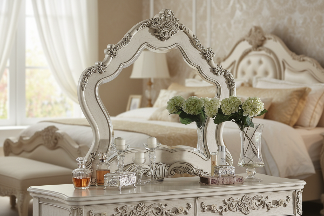 Mirror on dresser in elegant bedroom