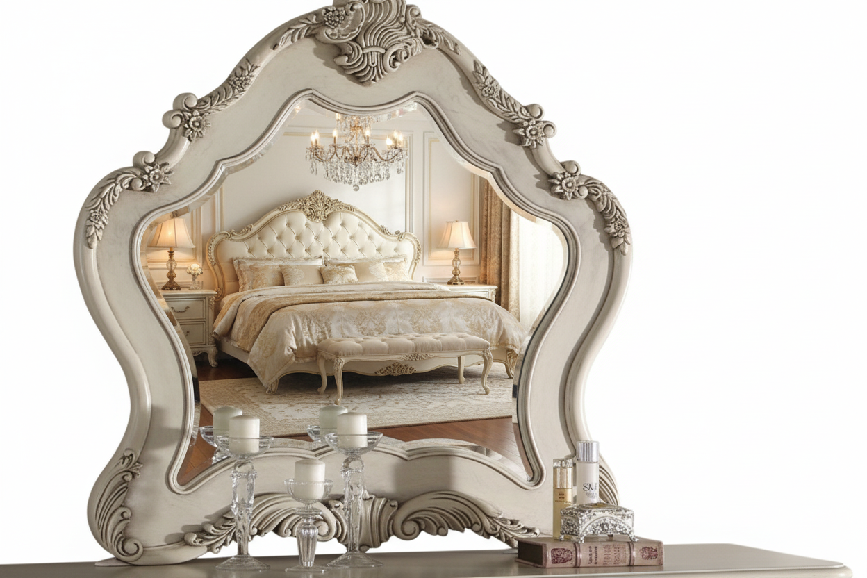 Mirror reflecting elegant bedroom