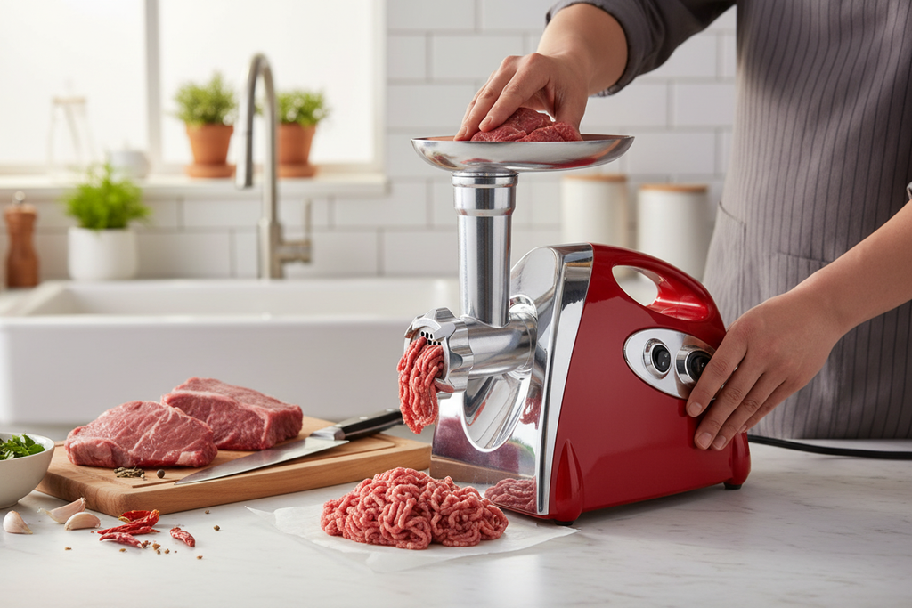 Modern kitchen countertop with meat grinder in use