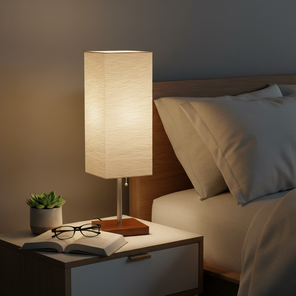 Modern lamp on bedroom nightstand