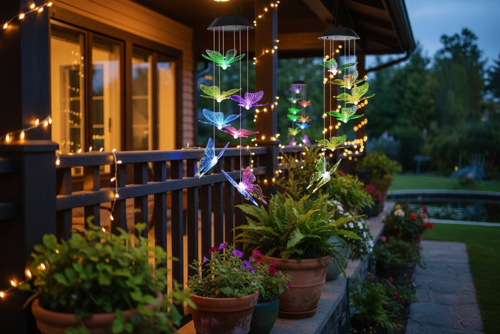 Multiple wind chimes on porch