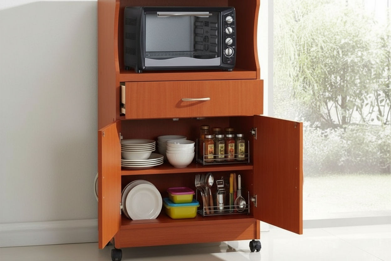 Open cabinet showing storage