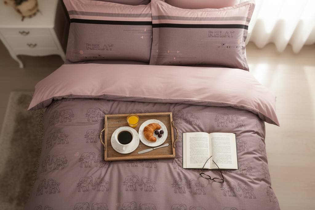 Overhead breakfast in bed scene