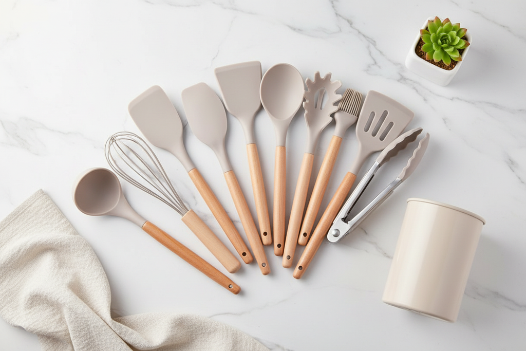 Overhead flat lay of complete set