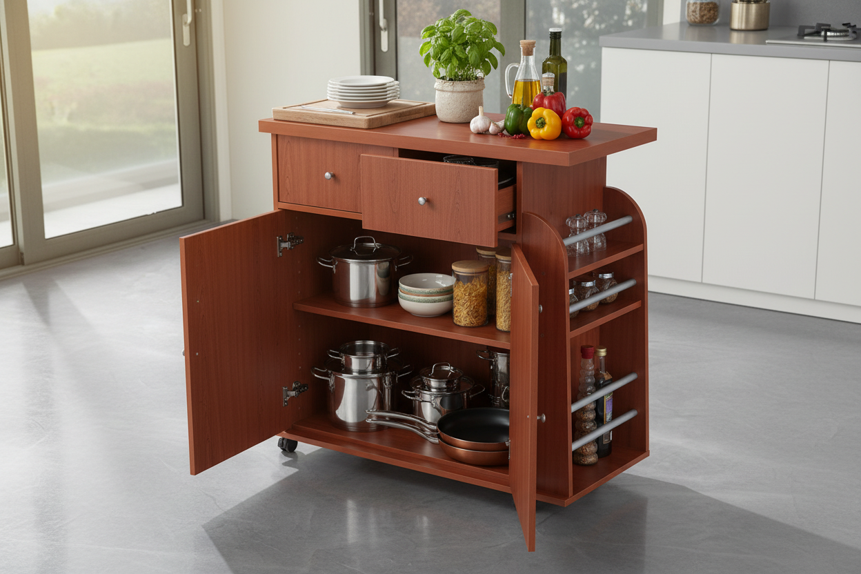 Overhead view with open cabinets