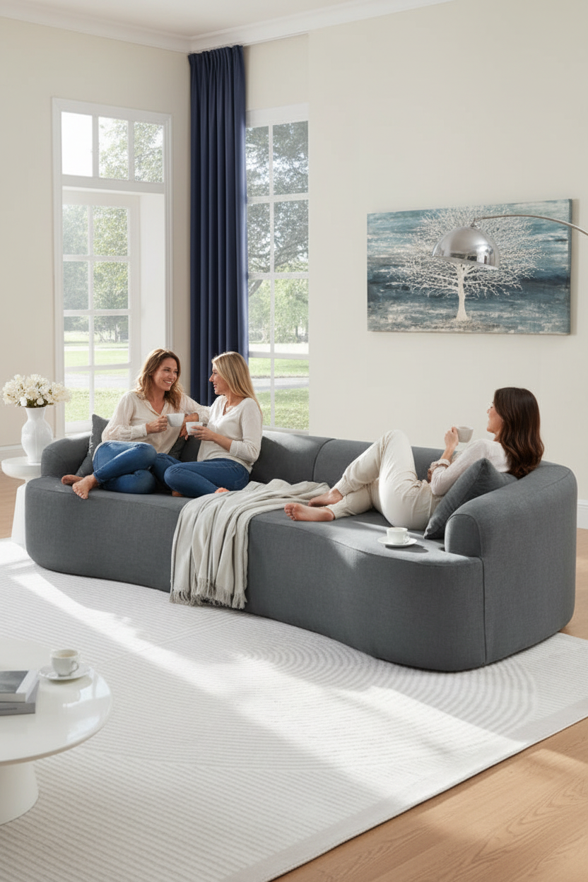 People relaxing on curved sofa