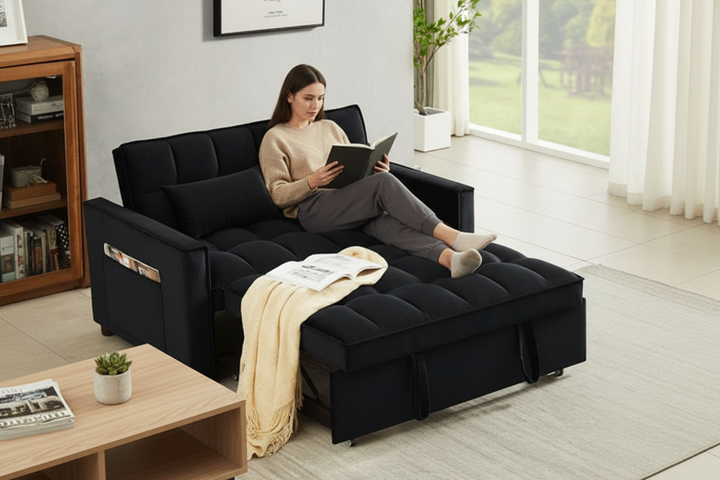 Person relaxing on black velvet sofa bed