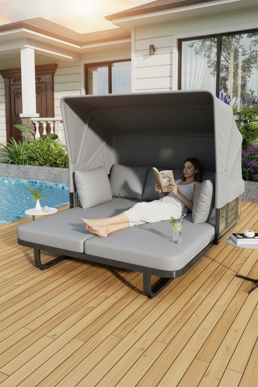 Person relaxing on daybed at sunset