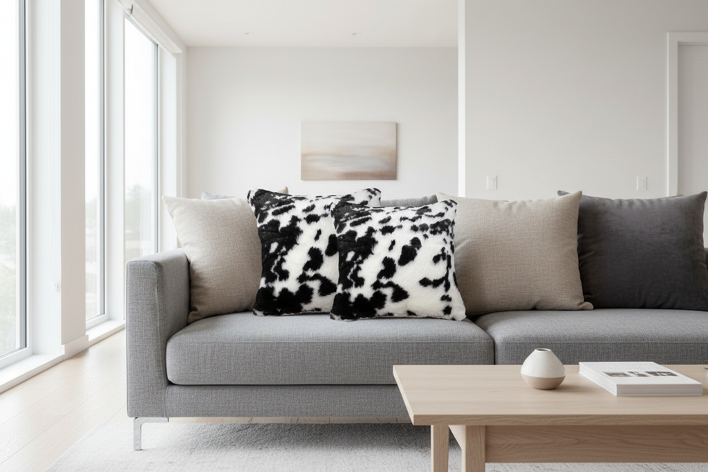 Pillows on modern gray sofa