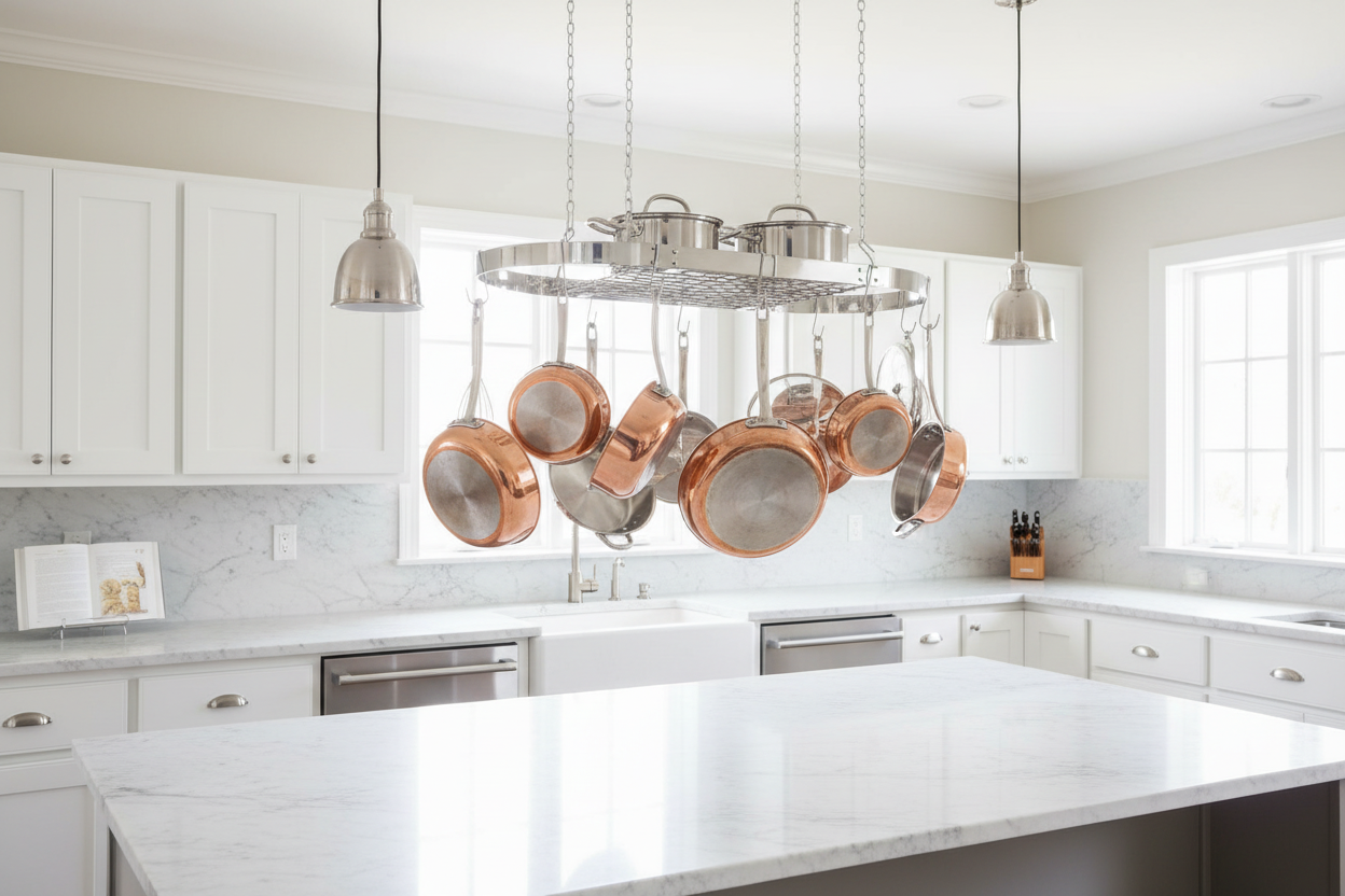 Pot rack above kitchen island