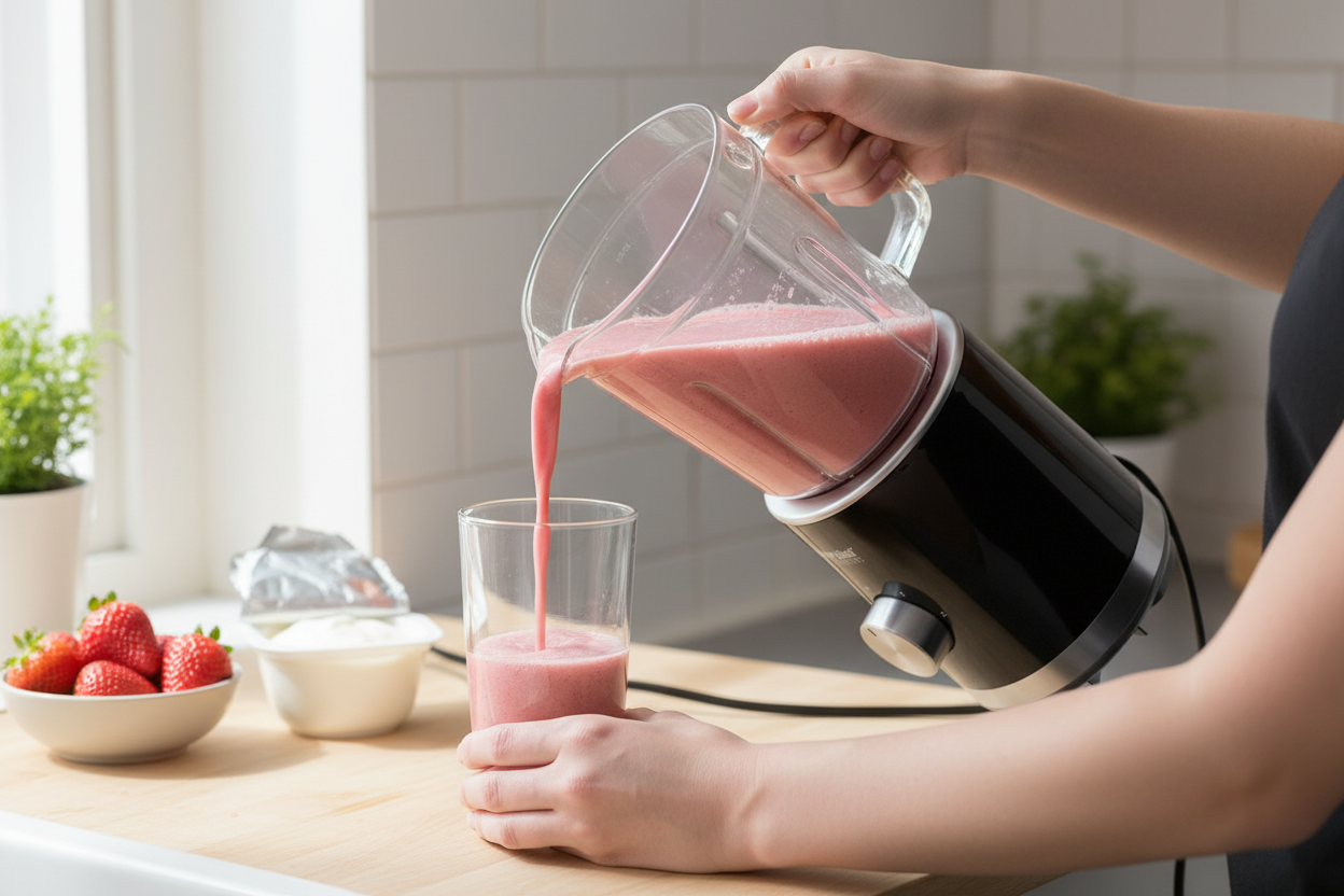Pouring smoothie into glass