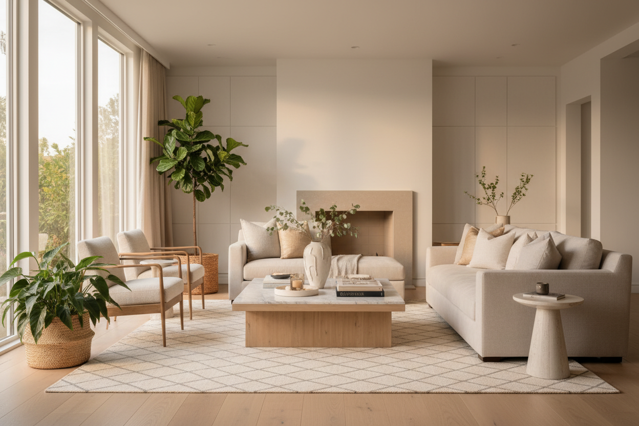 "Luxurious living room with plush neutral sofa, modern coffee table, and natural lighting creating a serene spa-like home sanctuary"