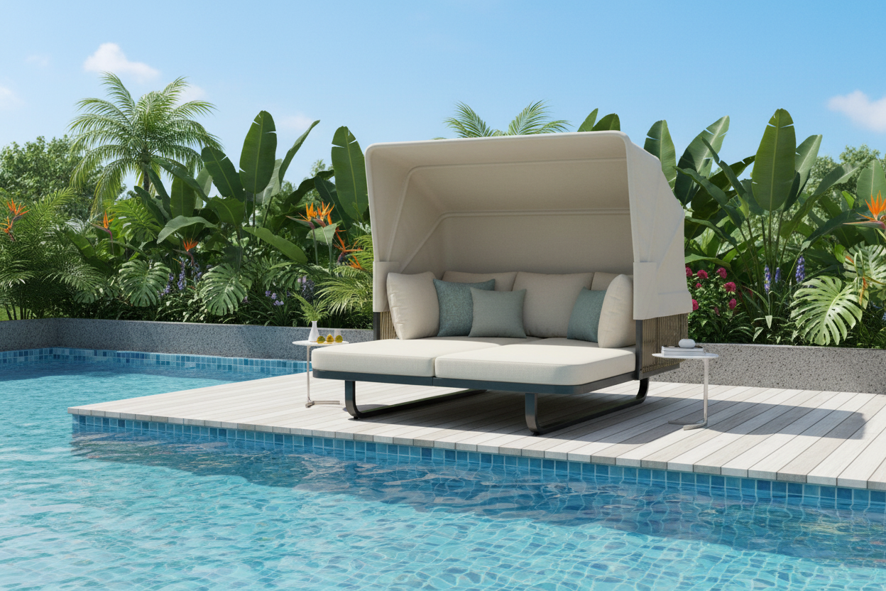 Rattan daybed by pool with canopy