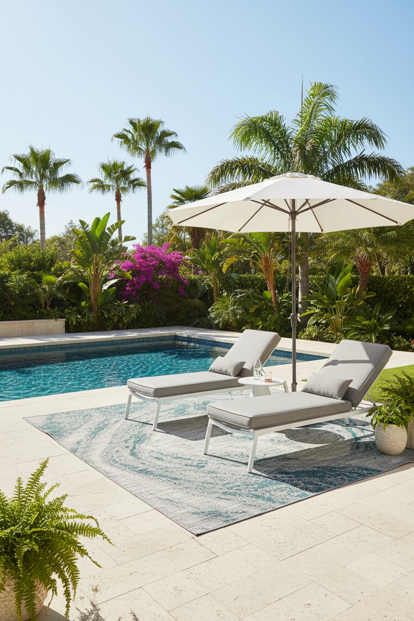 Rug by poolside resort setting