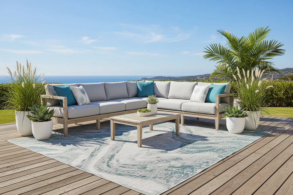 Rug on spacious deck with outdoor living room