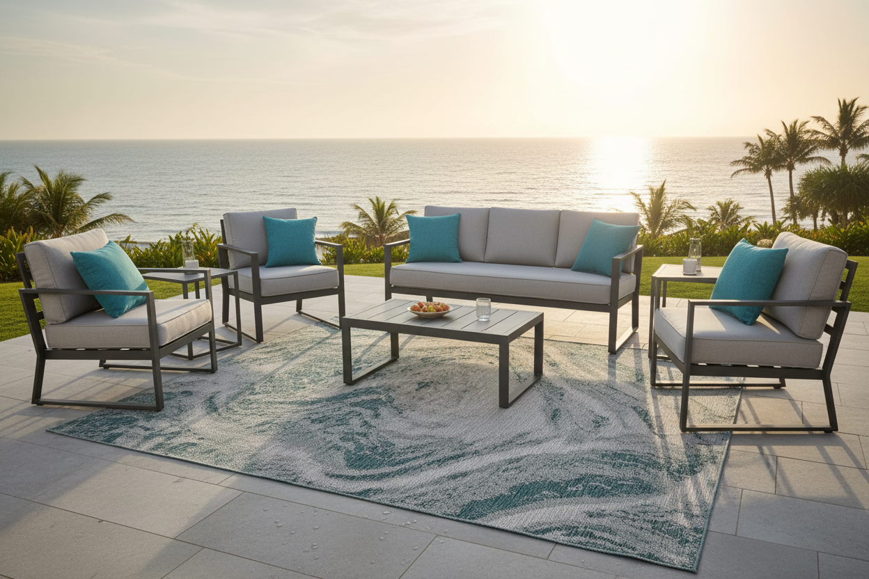 Rug on waterfront patio at sunset