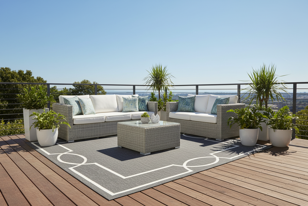 Rug on wooden deck patio