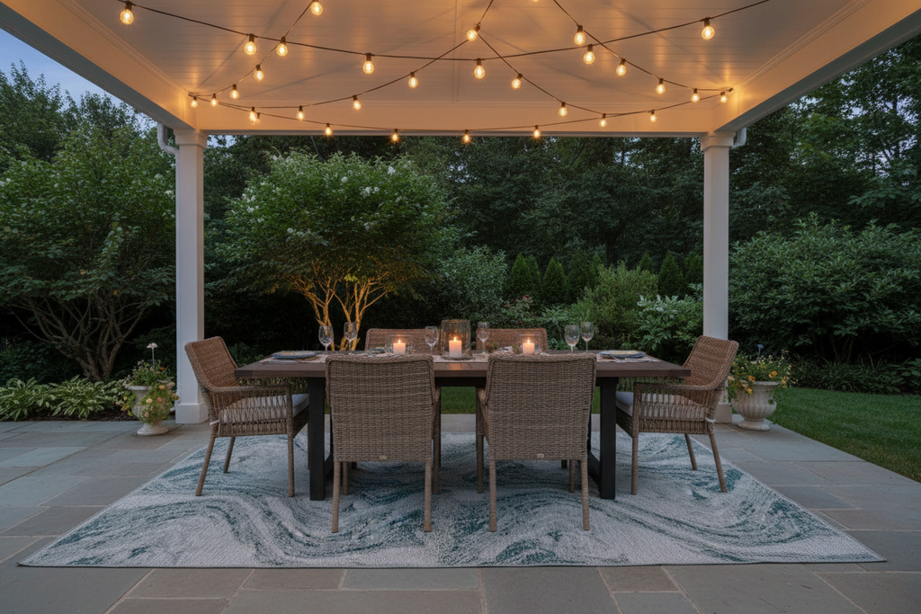 Rug under large outdoor dining setup