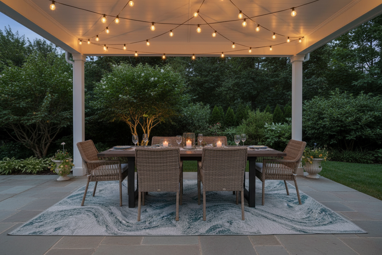 Rug under large outdoor dining setup