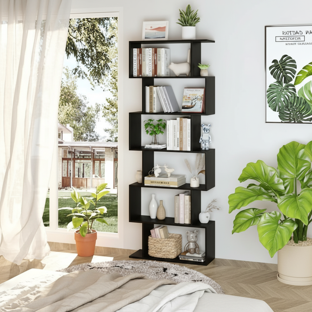 S-shaped bookshelf in bedroom