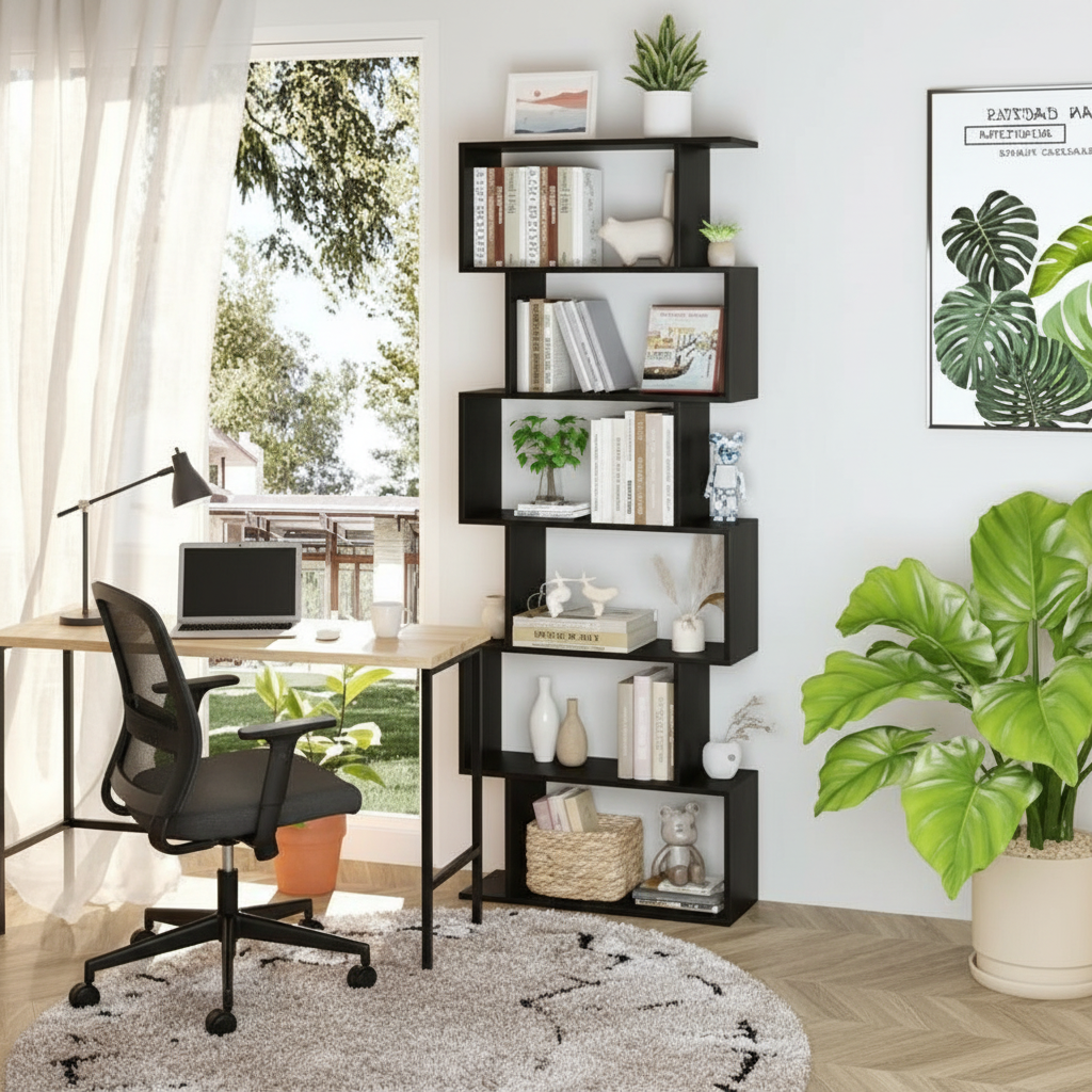 S-shaped bookshelf in home office