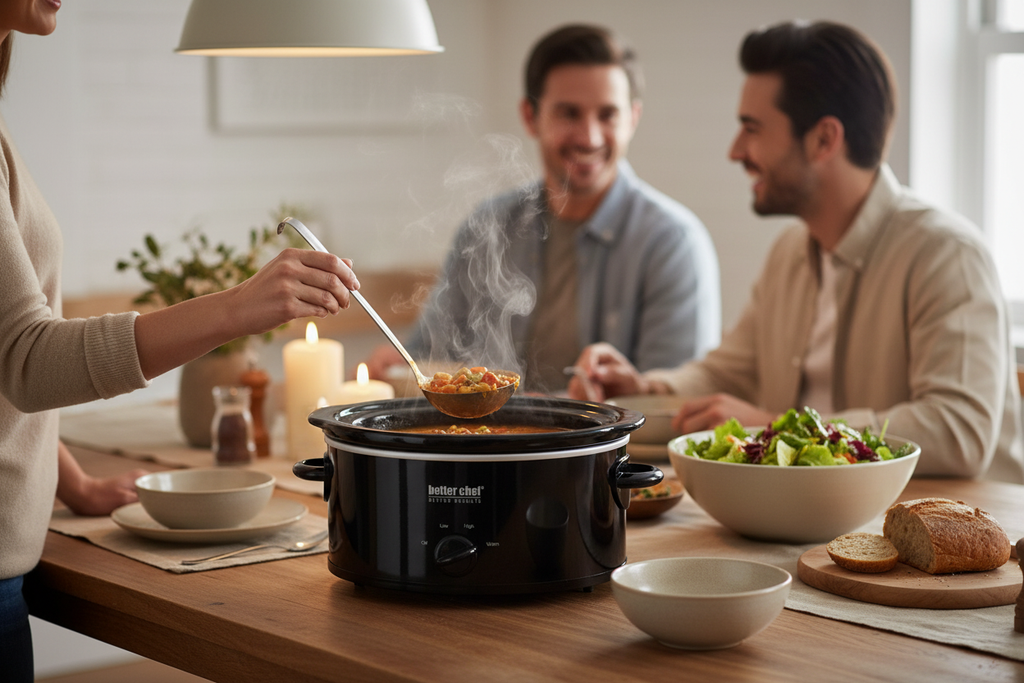 Serving soup at dinner table