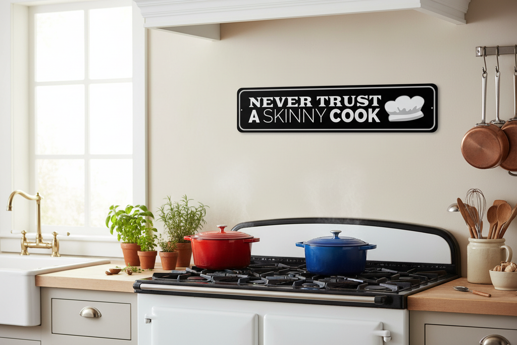 Sign above farmhouse stove