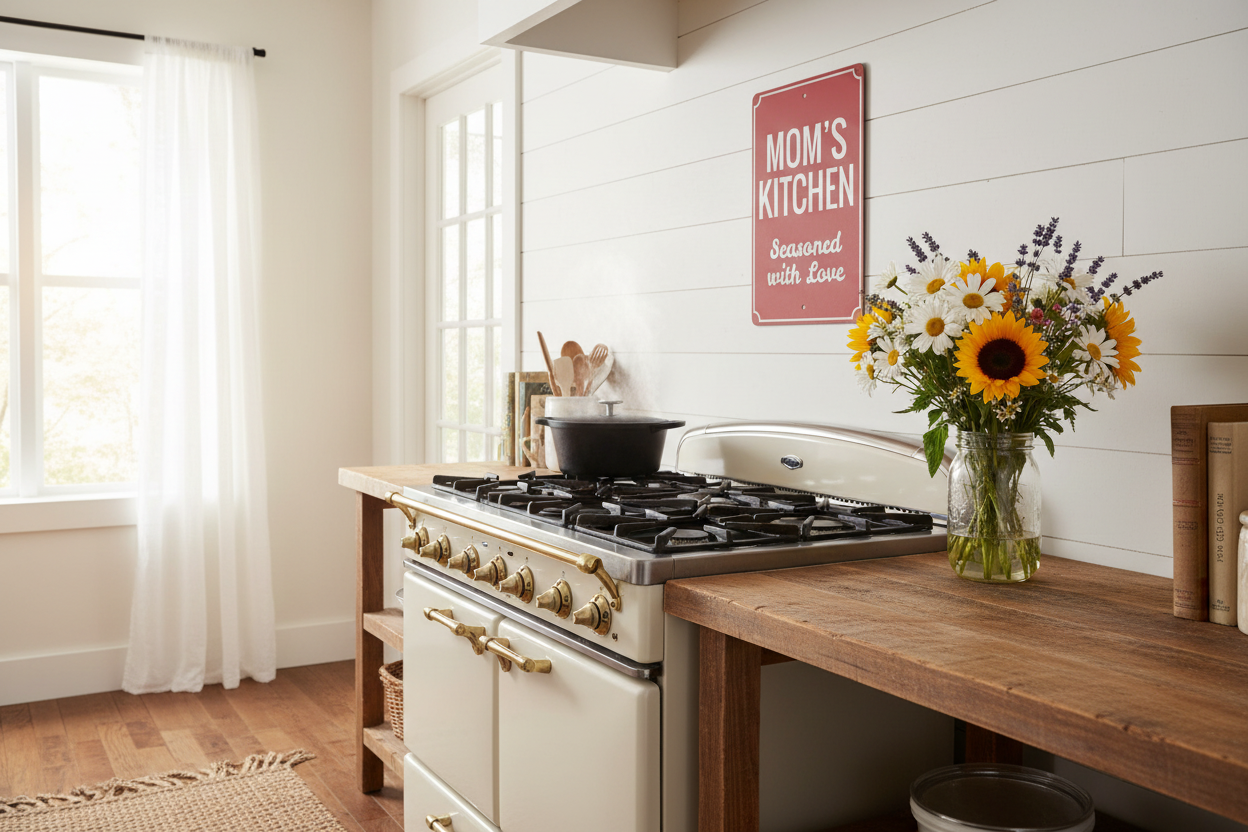 Sign above farmhouse stove