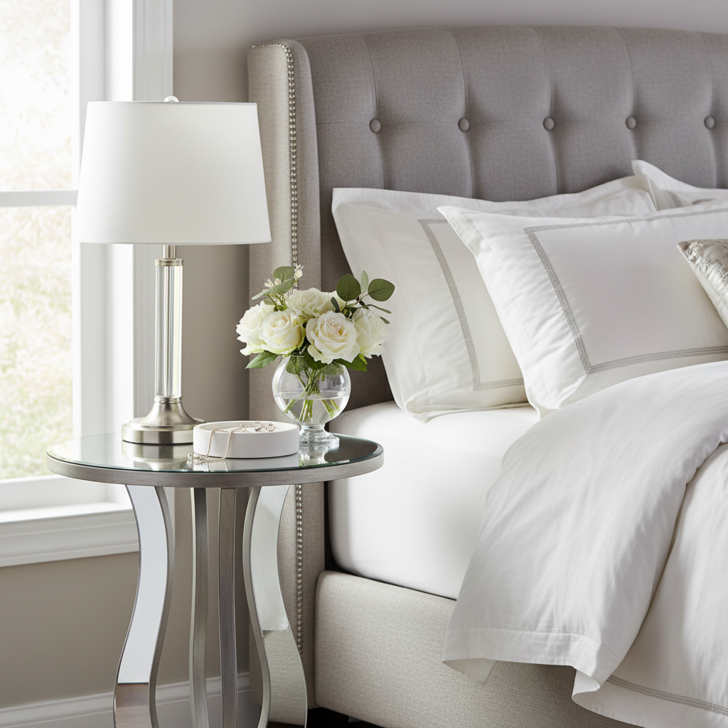 Silver mirrored table as nightstand