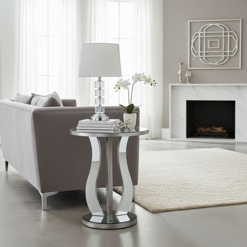 Silver mirrored table beside velvet sofa