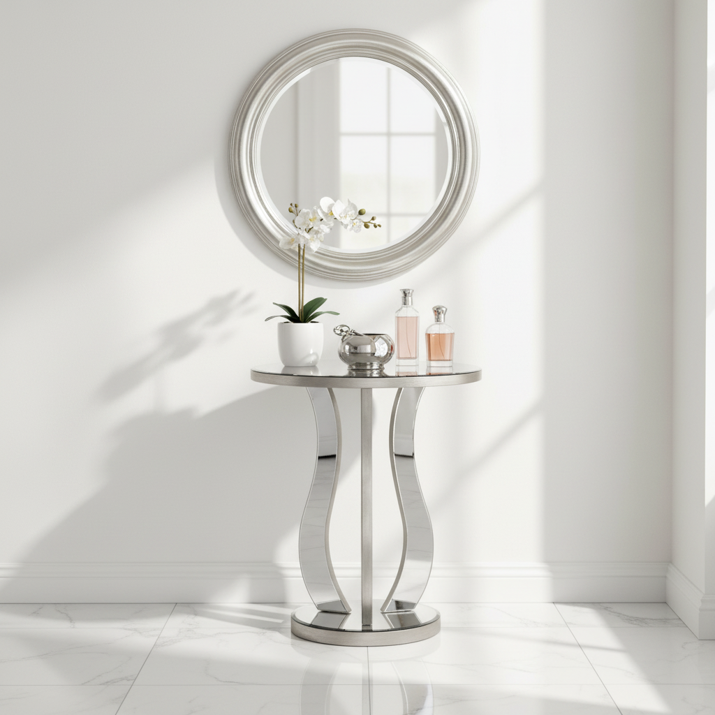 Silver mirrored table in entryway